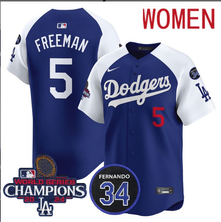 Women MLB Los Angeles Dodgers #5 Freeman blue 2024 World Series Champions Patch Limited Jersey